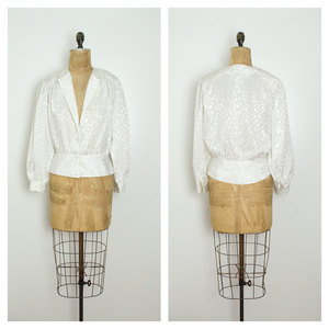 Vintage M / L Shirt White Button Down Peplum Long Sleeve Pearls Retro Medium Large Mad Men - Thumbnail 2
