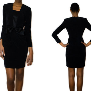 Vintage S / M 1950s 1960s Little Black Dress w/ Front Satin Bow Small Medium LBD Mini - Thumbnail 3