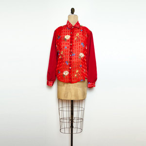 Vintage L / XL Sheer Red Top Button Up Shirt Fruit Flower Pattern Large X-Large Retro Collared Blouse - Thumbnail 3