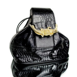Vintage Black Bag Gold Alligator Leather Purse Drawstring Satchel Handbag - Thumbnail 4