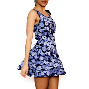Vintage Blue Dress S / M Flower Printed Two Tiered Mini w/ Criss-Cross Back Small Medium Purple - Thumbnail 4