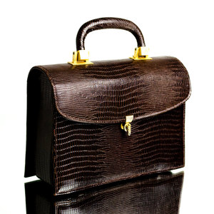 Vintage Brown 1950s Box Bag Clutch Purse Meyers Kelly Gold Lizard Alligator Handbag Fifties - Thumbnail 4