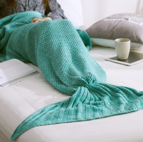 Mermaid Wool Knitted Blanket Fish tail Cover In Green
