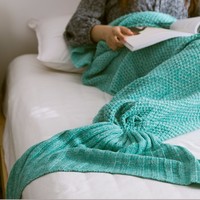 Mermaid Wool Knitted Blanket Fish tail Cover In Green - Thumbnail 2