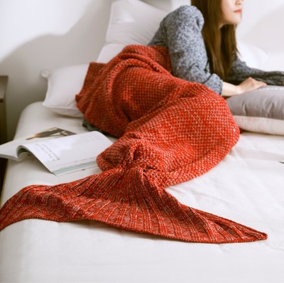 Mermaid Wool Knitted Blanket Fish tail Cover In Red