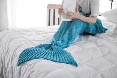 Mermaid Wool Knitted Blanket Fish tail Cover In Blue