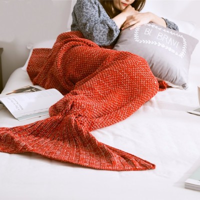 Mermaid wool knitted blanket fish tail cover in red