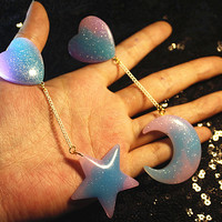 Galaxy Earrings Blue Enamel Universe Moon Stars Heart  - Thumbnail 4