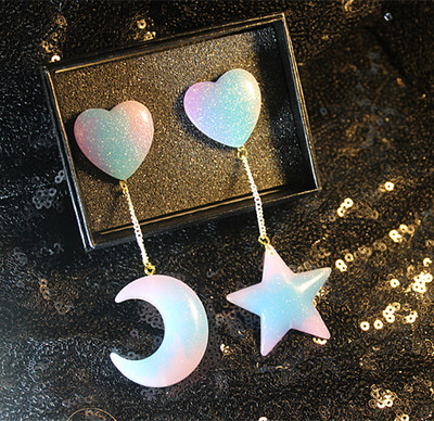 Galaxy Earrings Blue Enamel Universe Moon Stars Heart 