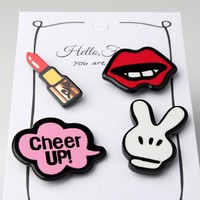 Lips Lipstick Victory Letter Pins Badge Brooches 4PC/Set - Thumbnail 1