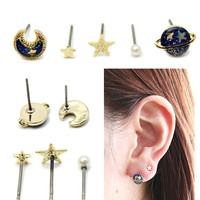 5PCS/SET  Enamel Star Moon Simulated Pearl Universe Planet Stud Earrings  - Thumbnail 1