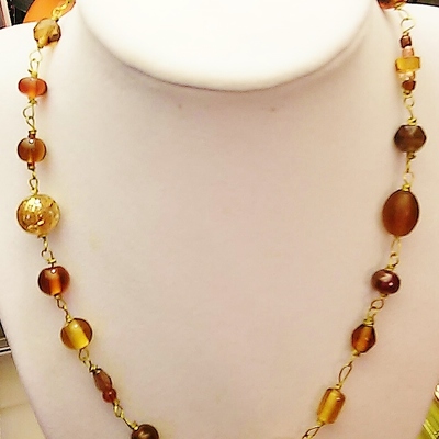 Chocolate brown bronze amber honey glass beaded wire necklace - Thumbnail 5