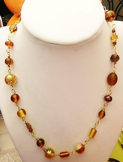 Chocolate Brown Bronze Amber Honey Glass Beaded Wire Necklace