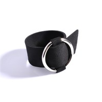 Black Big Round Metal Leather Bracelet  - Thumbnail 2