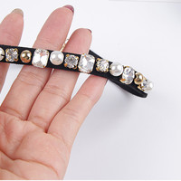 Black Velvet Rhinestone Imitation Pearl Choker Necklace - Thumbnail 2