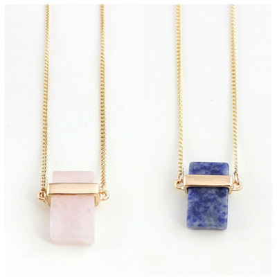 Natural Crystal Pink/Blue Stone Rectangular Long Necklace