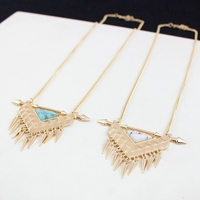 Triangle Personality Rivets White/Green Marble Stone Sweater Chain Necklace - Thumbnail 1