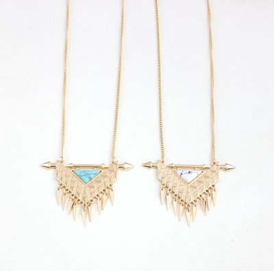 Triangle Personality Rivets White/Green Marble Stone Sweater Chain Necklace