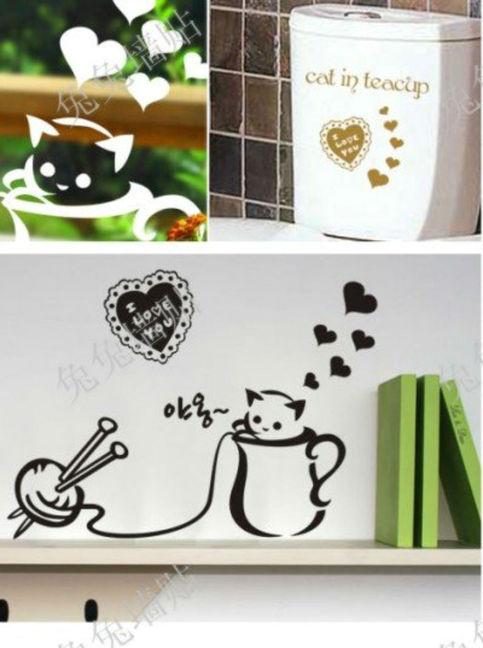 Cat in Teacup Cute Adorable Free Style Room Decal Home Decoration Wall Sticker 
