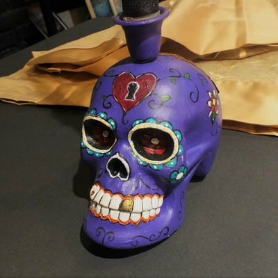 Day of the dead purple sugar skull candelholder by kat anderson - Thumbnail 2
