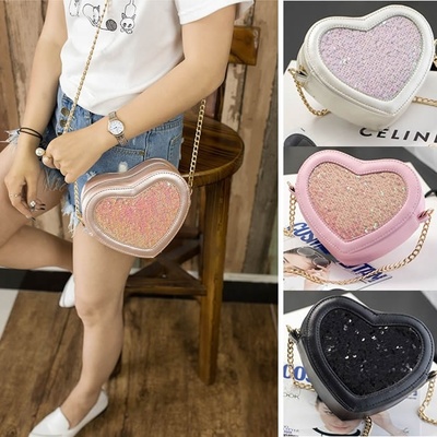 Heart Shape handbag Lovely Golden Sequins Chain Bag Fashion Shoulder Bag Messenger Bag