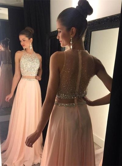 Fashion 2 pieces beading long prom dress,modern scoop A-line evening dresses