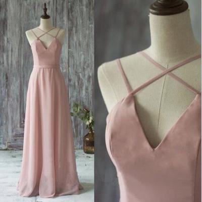 Pink V-neck spaghetti Strap long prom dresses,2017 formal dresses