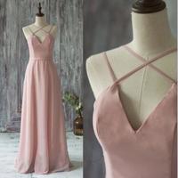 Pink V-neck spaghetti Strap long prom dresses,2017 formal dresses - Thumbnail 1