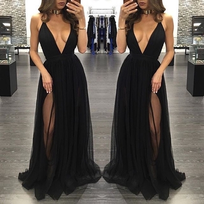 Sexy cross spaghetti tulle prom dresses,V-neck long evening dresses