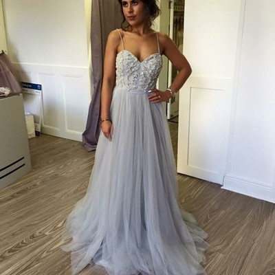 Gray a-line sequins tulle long prom dress,sweetheart evening dresses - Thumbnail 5