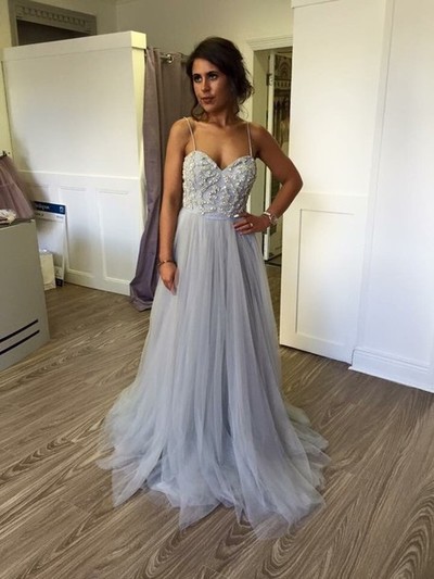 Gray A-line sequins tulle long prom dress,sweetheart evening dresses
