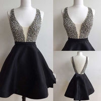 Cute black satin short prom dress, homecoming dress - Thumbnail 1