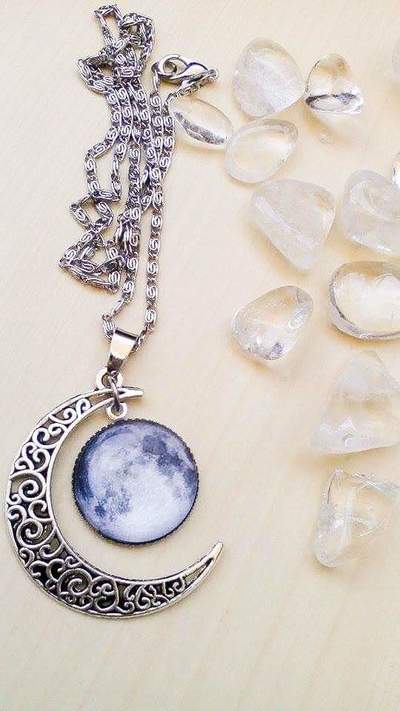 Crescent moon filigree with full moon cabochon necklace 