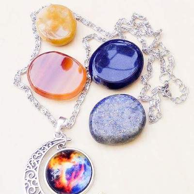 Crescent moon filigree with colourful moon cabochon necklace 