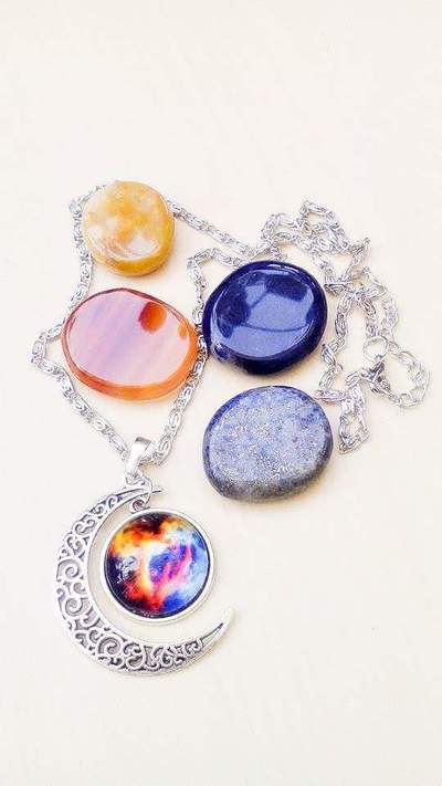 Crescent moon filigree with colourful moon cabochon necklace 