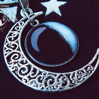 Crescent moon filigree with dark moon cabochon necklace  - Thumbnail 1