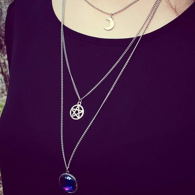 Multi layer moon and pentagram necklace