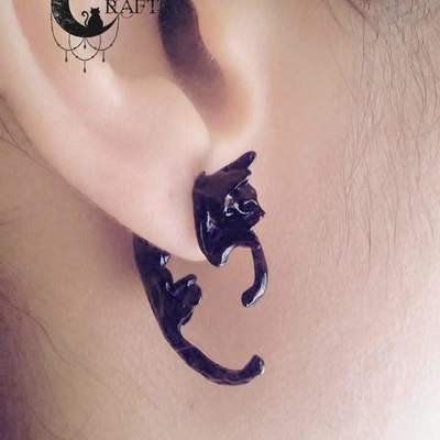 Fake plug black cat earring