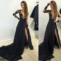  Black lace long sleeve prom dress,formal dresses with slit - Thumbnail 1