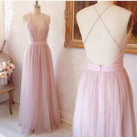 Simple prom dresses ,pink V-neck tulle evening dress - Thumbnail 1