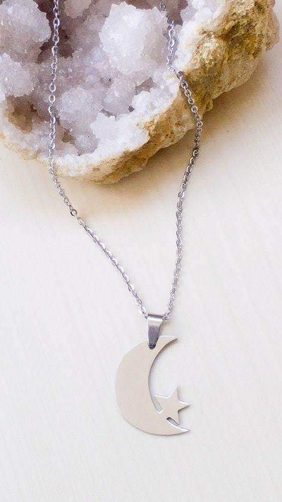 Stainless steel moon &  star necklace 