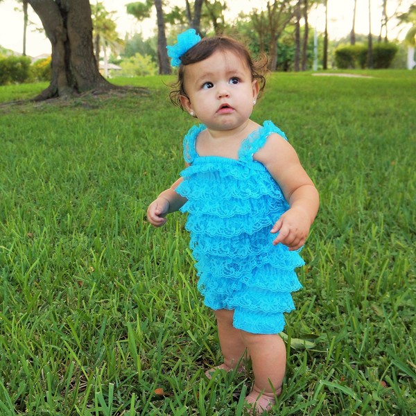 Lace Romper w/ Lace Flower Clip Pink and Turquoise