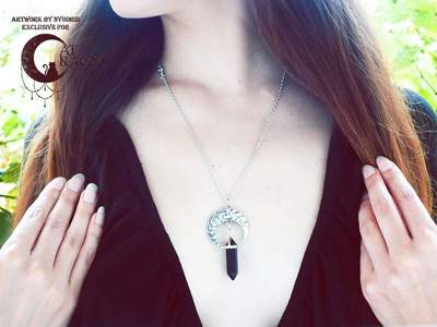 Moon silver necklace with black onyx crystal point