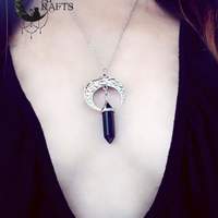 Moon silver necklace with black onyx crystal point - Thumbnail 1