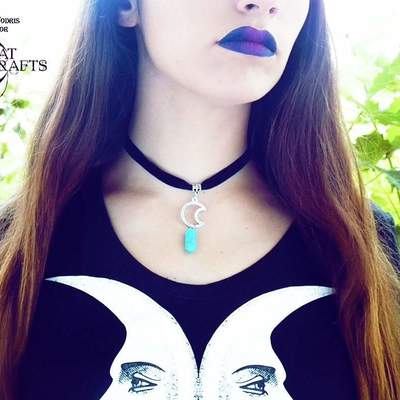 Black velvet choker with moon pendant and turquoise 