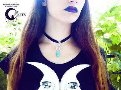 Black velvet choker with moon pendant and turquoise 