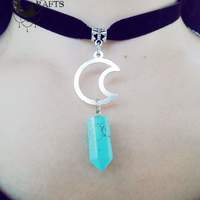 Black velvet choker with moon pendant and turquoise  - Thumbnail 1