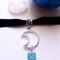 Black velvet choker with moon pendant and turquoise  - Thumbnail 2