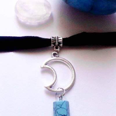 Black velvet choker with moon pendant and turquoise 
