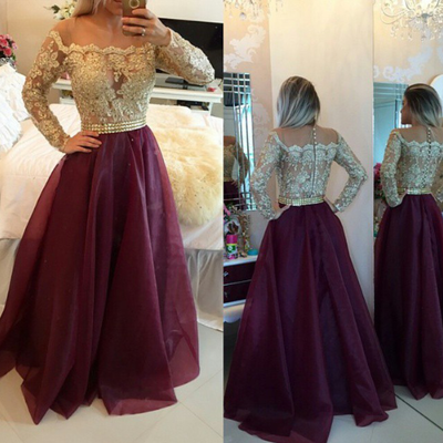 Gorgeous burgundy organza long sleeve lace prom dress, graduation dresses - Thumbnail 5
